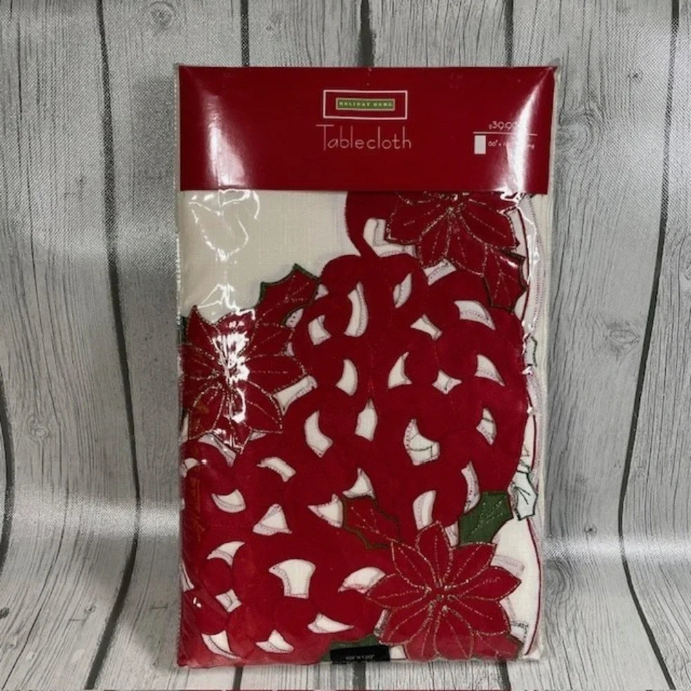Holiday Home Christmas Poinsettia Holly Tablecloth 60